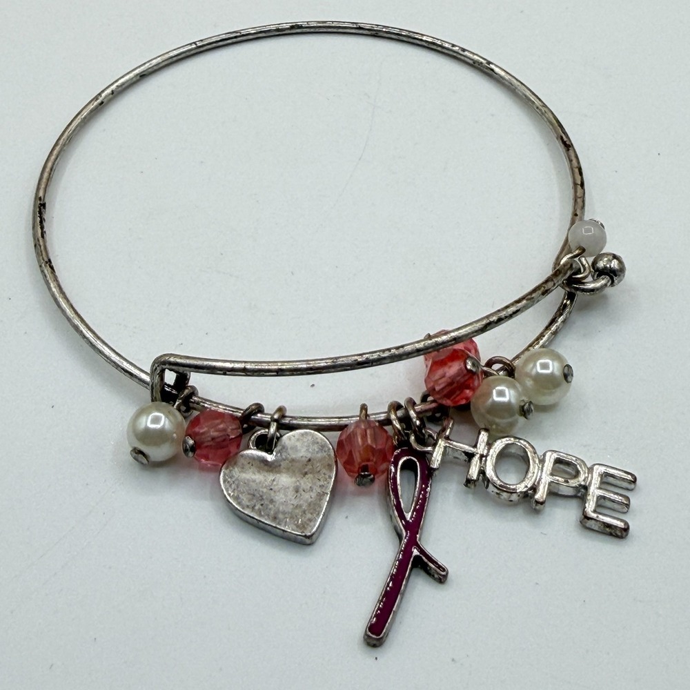 Pink Ribbon Hope Charm Bracelet Silver Tone Pearl Crystal Heart Awareness Gift